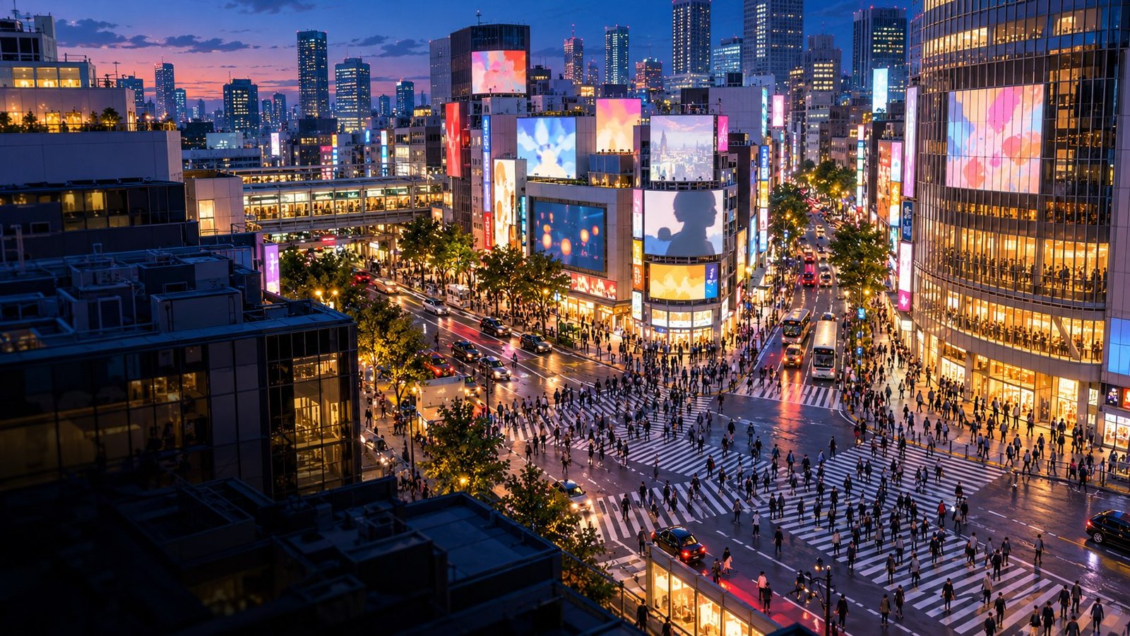 AI-created editorial illustration of Shibuya's crossings, anonymous pedestrians and glowing city buildings at blue hour.