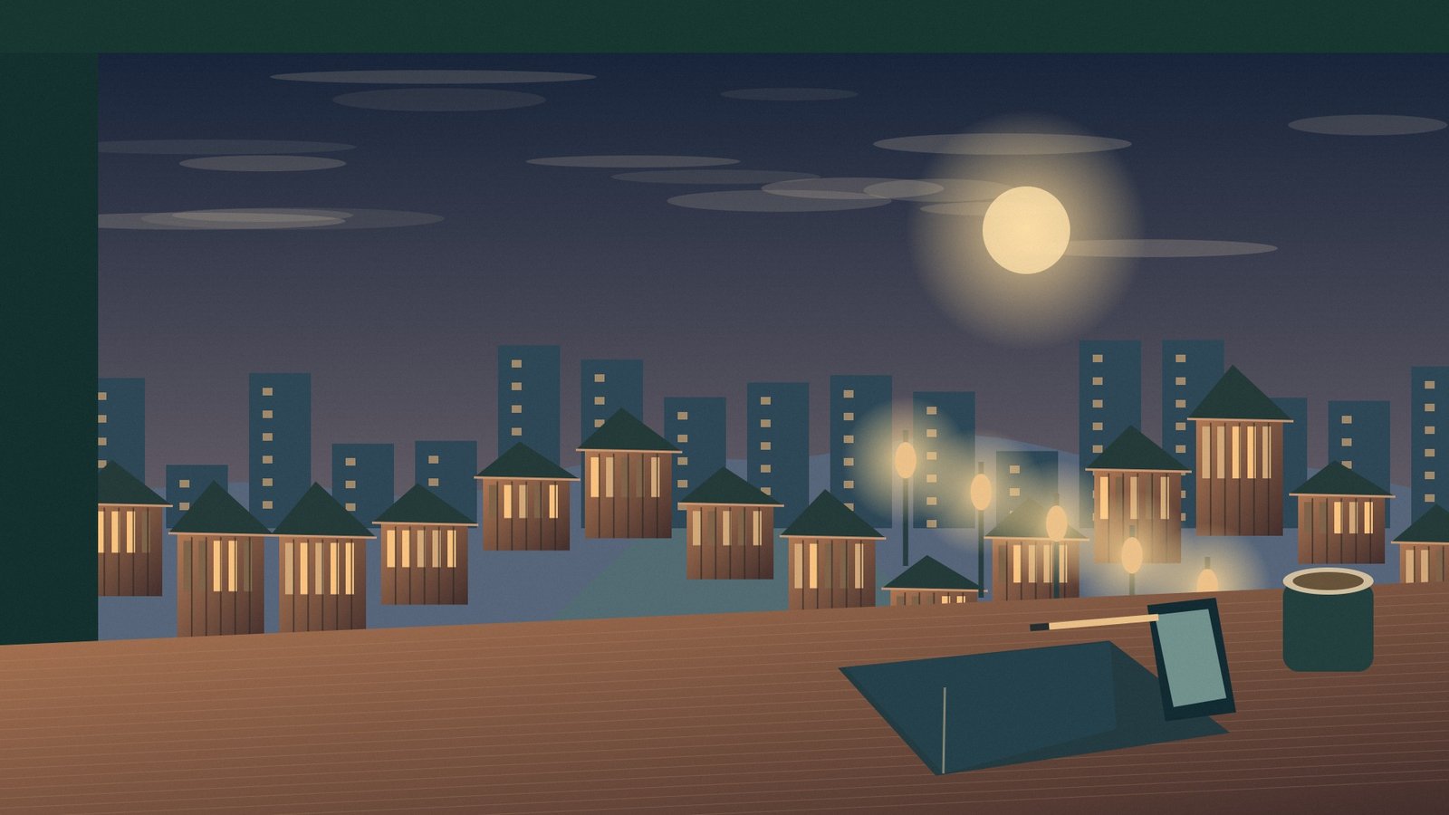 Original vector-style editorial illustration of a travel wallet, phone and notebook beside an imagined Japanese city view.