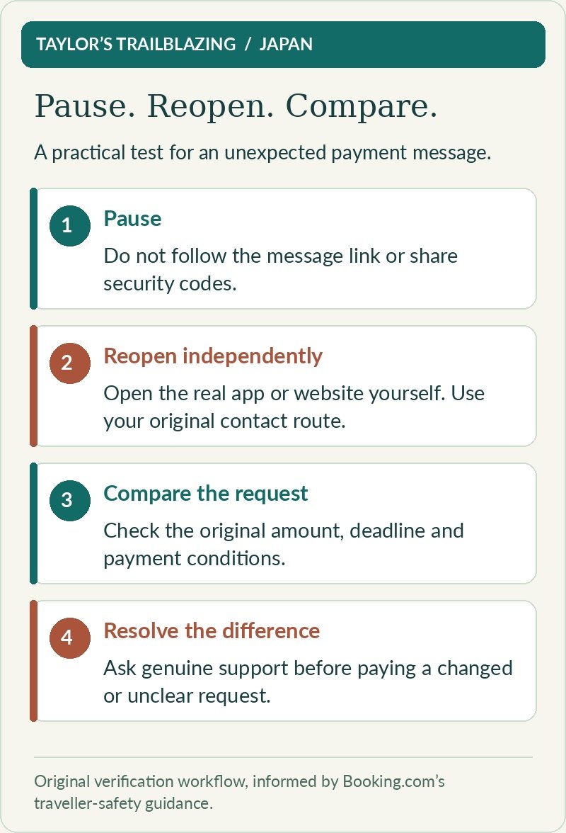 Pause before following a payment link; reopen the genuine app independently; compare original conditions; resolve differences through genuine support.