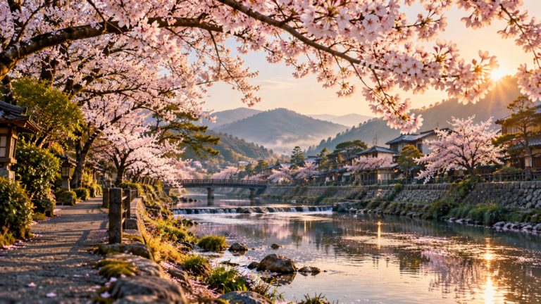 Illustrated Japanese cherry blossom walkway beside a calm river, with pale pink branches and distant hills.