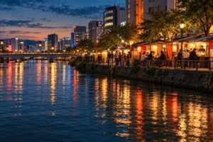 Warm evening food stalls beside a Fukuoka-inspired city river.