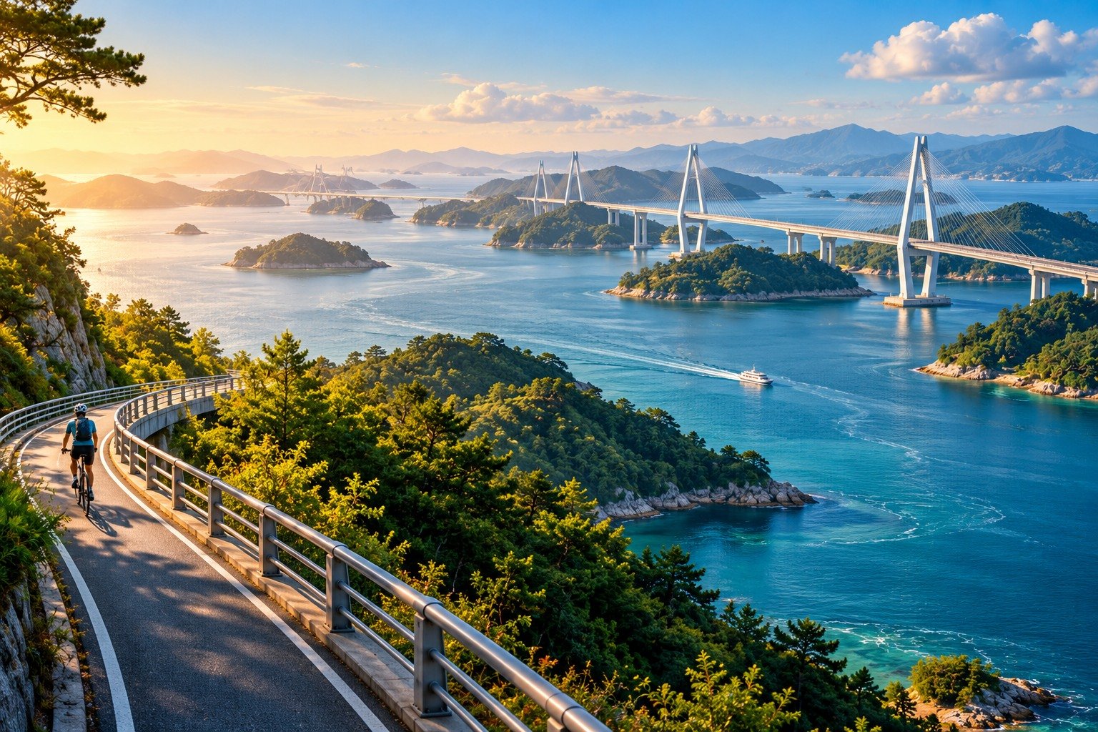 Original illustration of a cycling path, a large bridge and green islands in the Seto Inland Sea