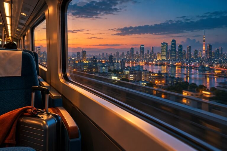 Original illustration of a suitcase beside a train seat, looking through the window towards Tokyo’s skyline at dusk.
