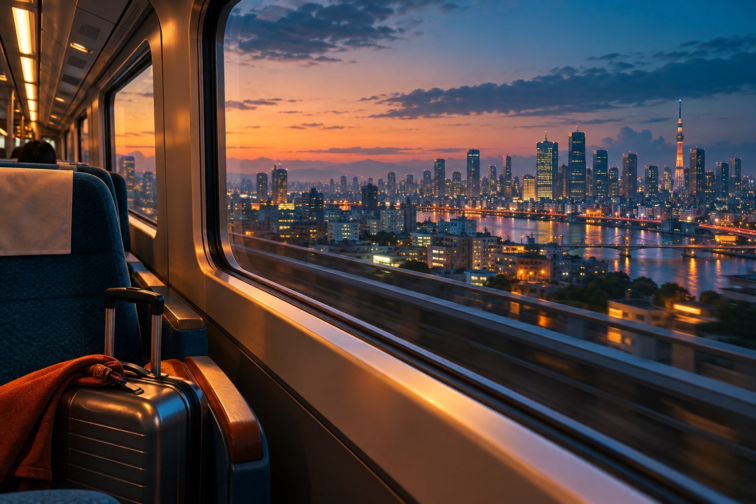 Original illustration of a suitcase beside a train seat, looking through the window towards Tokyo’s skyline at dusk.
