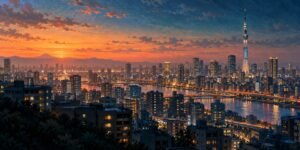An illustrated Tokyo skyline at dusk, with Tokyo Skytree and distant mountains.