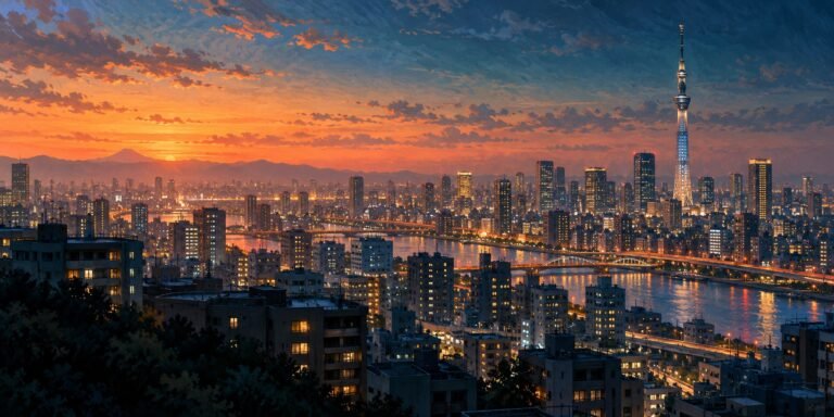 An illustrated Tokyo skyline at dusk, with Tokyo Skytree and distant mountains.