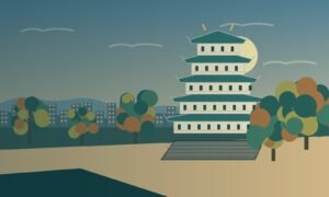 Original stylised illustration of a green-roofed castle and park inspired by Nagoya.
