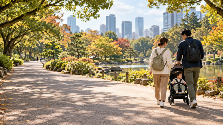 AI-created illustration of two adults walking beside a toddler secured in a compact pushchair in a Japanese park.