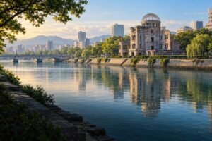Quiet Hiroshima riverside with the Atomic Bomb Dome and the modern city beyond.