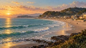 Illustrated view of Kamakura's Yuigahama coast, with a sandy beach, low coastal buildings and green hills.