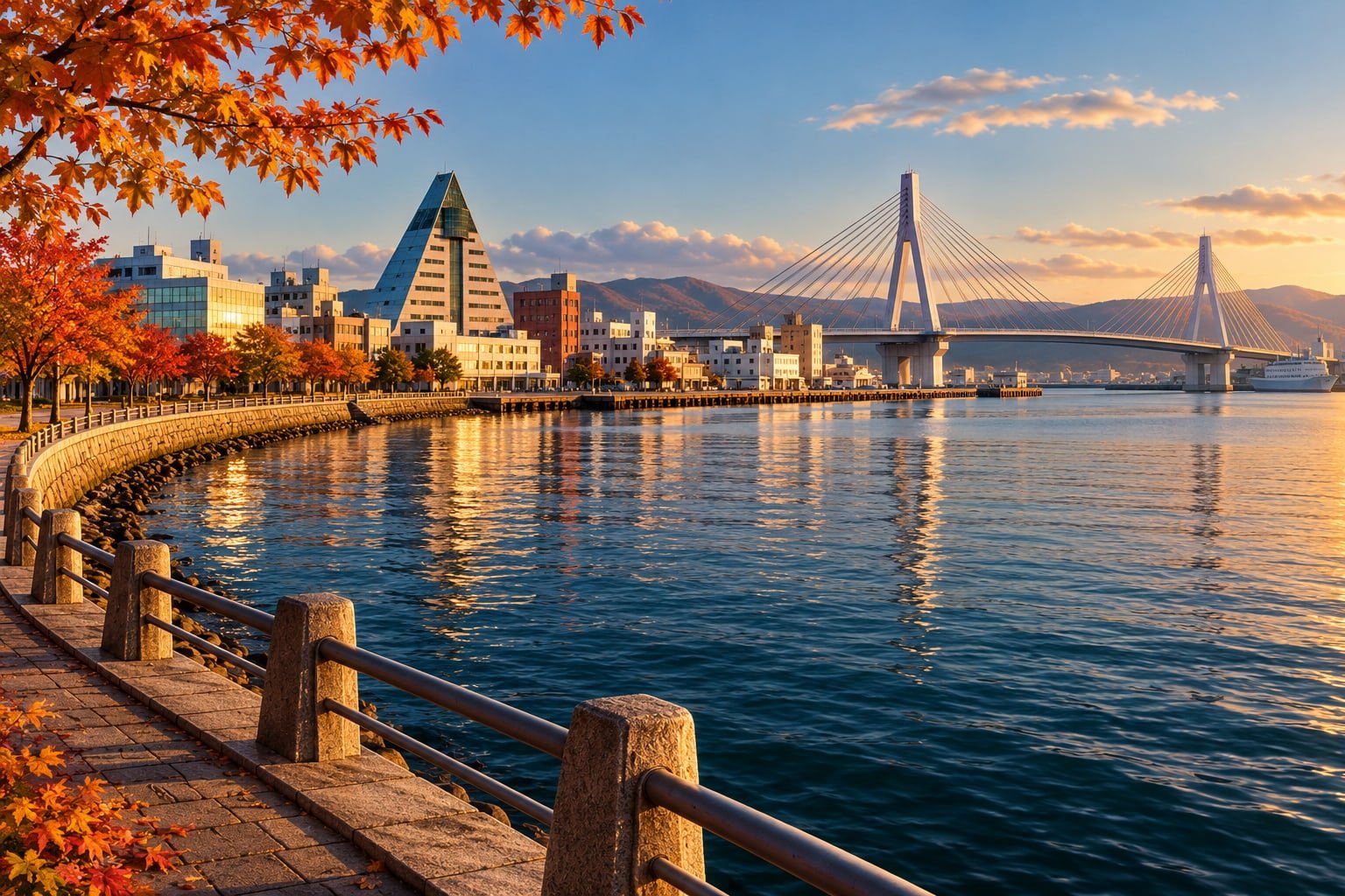Aomori-inspired waterfront with a bay bridge, triangular building and distant hills.