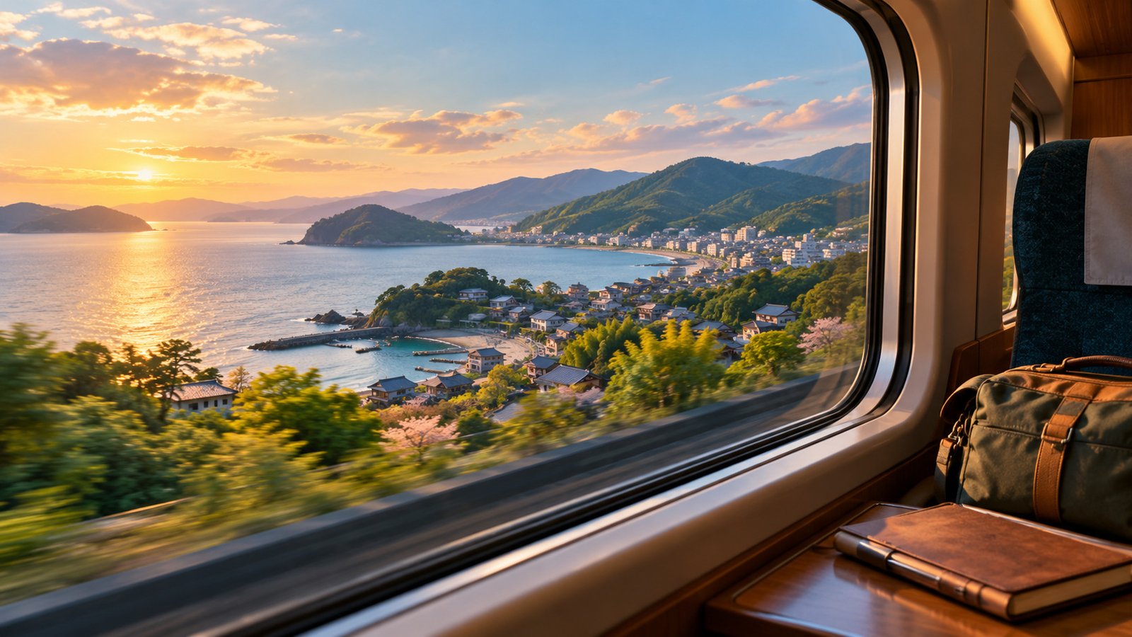Original editorial illustration of a coastal view through an imagined Japanese train window, with a bag and closed notebook.