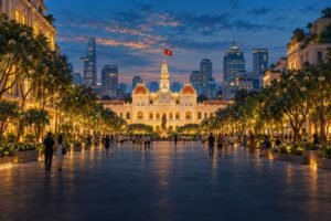 AI-generated editorial illustration of Nguyen Hue pedestrian boulevard and the illuminated City Hall in Ho Chi Minh City at dusk.