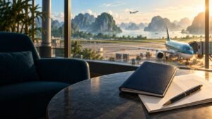 An illustrative travel-document scene. AI-generated editorial illustration; not an image of an official document or particular airport.