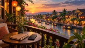 Notebook and phone beside a balcony overlooking an illustrated Vietnamese riverside town at dusk