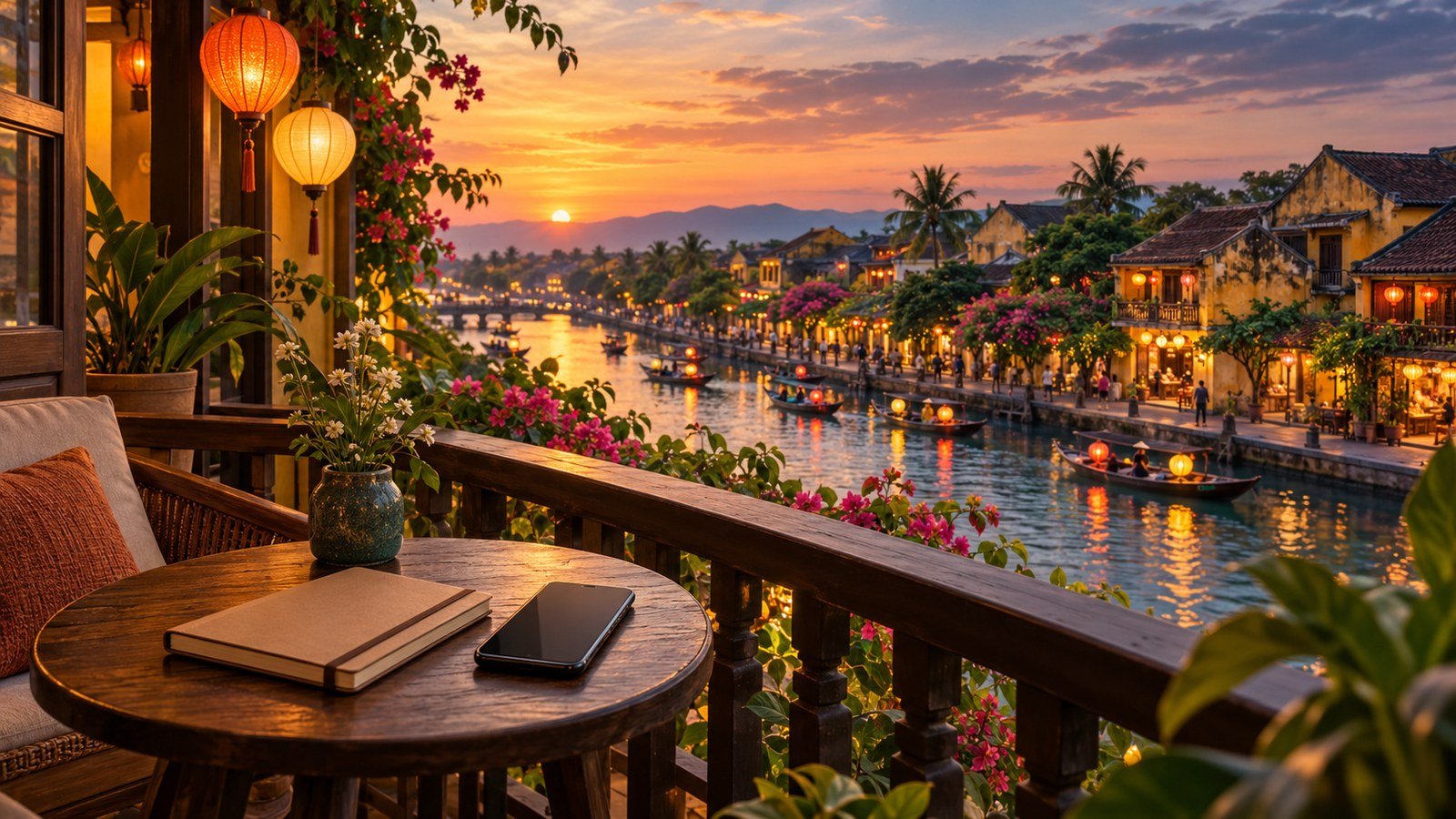 Notebook and phone beside a balcony overlooking an illustrated Vietnamese riverside town at dusk