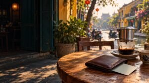 AI-generated Vietnam-inspired cafe scene with coffee, a wallet and an unbranded bank card.