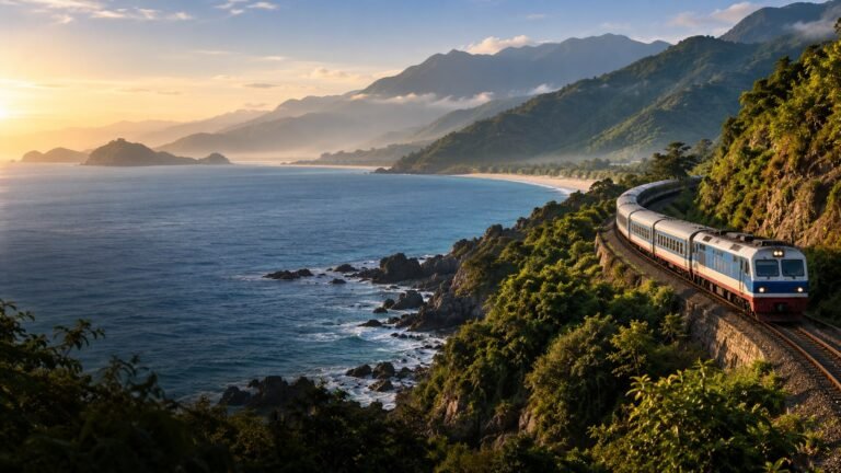 AI-generated illustration of a passenger train beside a green Vietnamese coastal landscape.