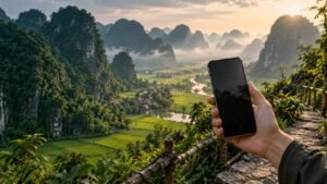 AI-generated illustration of a traveller holding a phone above a northern Vietnam-inspired landscape.