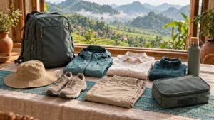 Generic backpack, rain layer, light clothes, fleece and walking shoes beside a window overlooking green hills
