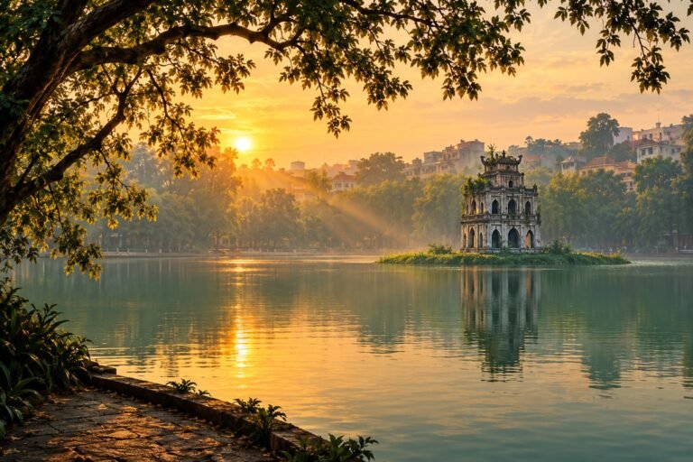AI-generated editorial illustration of Hoan Kiem Lake, Turtle Tower and the tree-lined shore at sunrise in Hanoi.