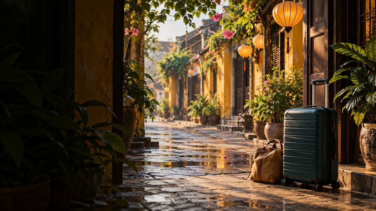 AI-generated illustration of a suitcase and small bag beside a Vietnam-inspired hotel doorway.