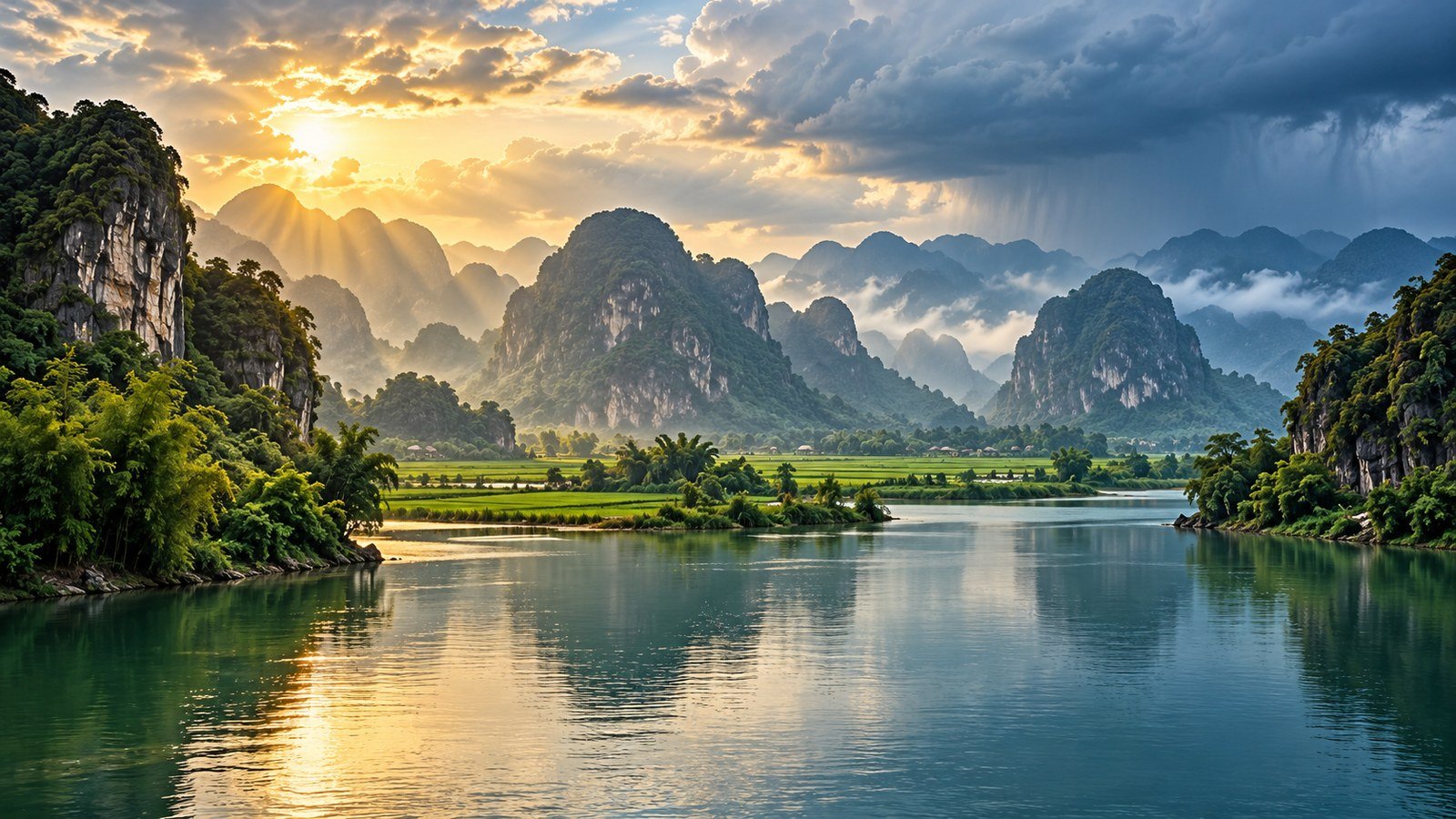 Sun and distant rain over an illustrative northern Vietnamese limestone landscape and river