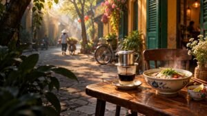 A Hanoi-inspired café scene. AI-generated editorial illustration; not a photographed venue or price recommendation.