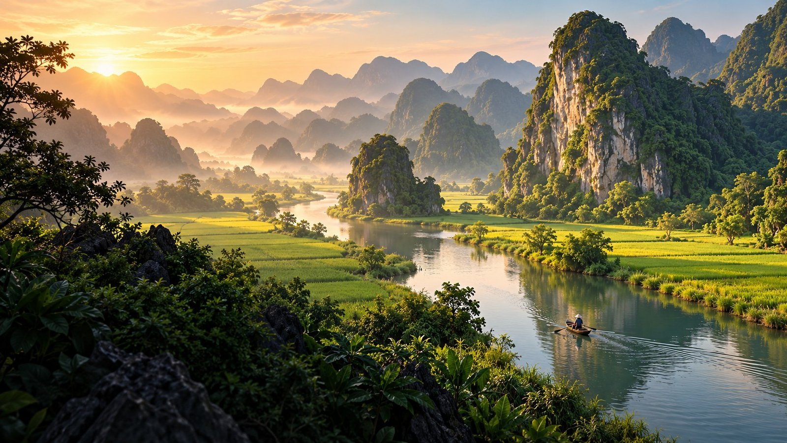 A Ninh Binh-inspired river and limestone landscape. AI-generated editorial illustration; not a location photograph.
