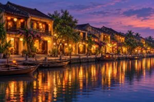 AI-generated editorial illustration of Hoi An waterfront merchant houses, tiled roofs, lanterns and small wooden boats at twilight.