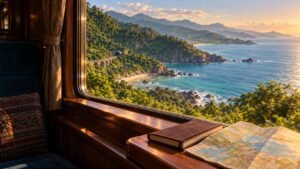 A central Vietnam-inspired coastal rail scene. AI-generated editorial illustration; not a verified view or railway map.