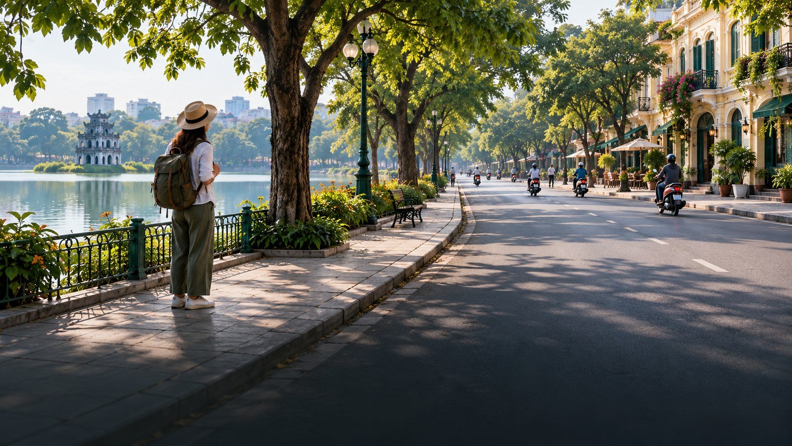 Traveller standing back from the road on a tree-lined pavement in an illustrated Hanoi-inspired setting