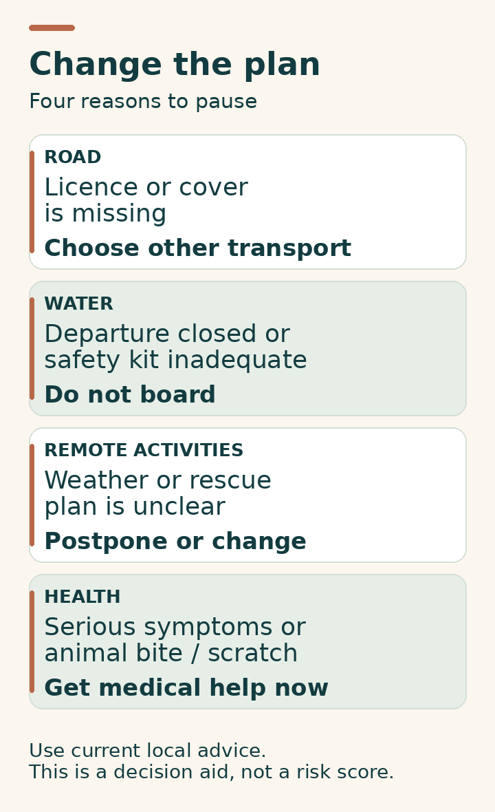 Four reasons to change a plan: missing driving entitlement or cover, closed or inadequately equipped water transport, unclear remote-activity arrangements, and serious symptoms or an animal bite or scratch.