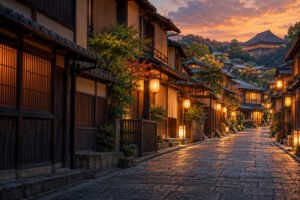 Illustration of an eastern Kyoto-inspired lane with timber buildings, warm lanterns and an imagined distant temple view.