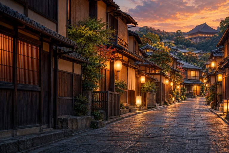 Illustration of an eastern Kyoto-inspired lane with timber buildings, warm lanterns and an imagined distant temple view.