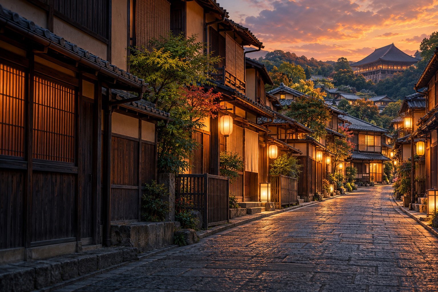 Illustration of an eastern Kyoto-inspired lane with timber buildings, warm lanterns and an imagined distant temple view.