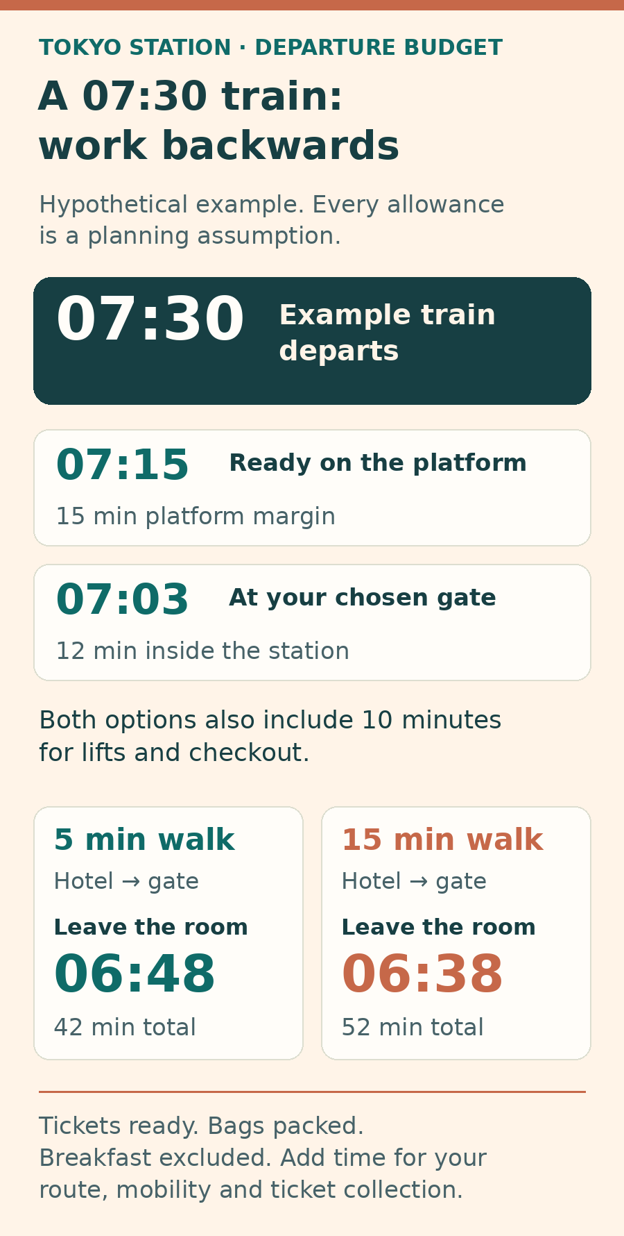 Hypothetical 07:30 train: allow 15 minutes ready on the platform, arriving there at 07:15; 12 minutes inside the station means the chosen gate at 07:03. With a five-minute hotel-to-gate walk and ten minutes for lifts and checkout, leave the room at 06:48, 42 minutes before the train. With a fifteen-minute walk, leave at 06:38, 52 minutes before. All inputs are planning assumptions; tickets and breakfast are excluded.