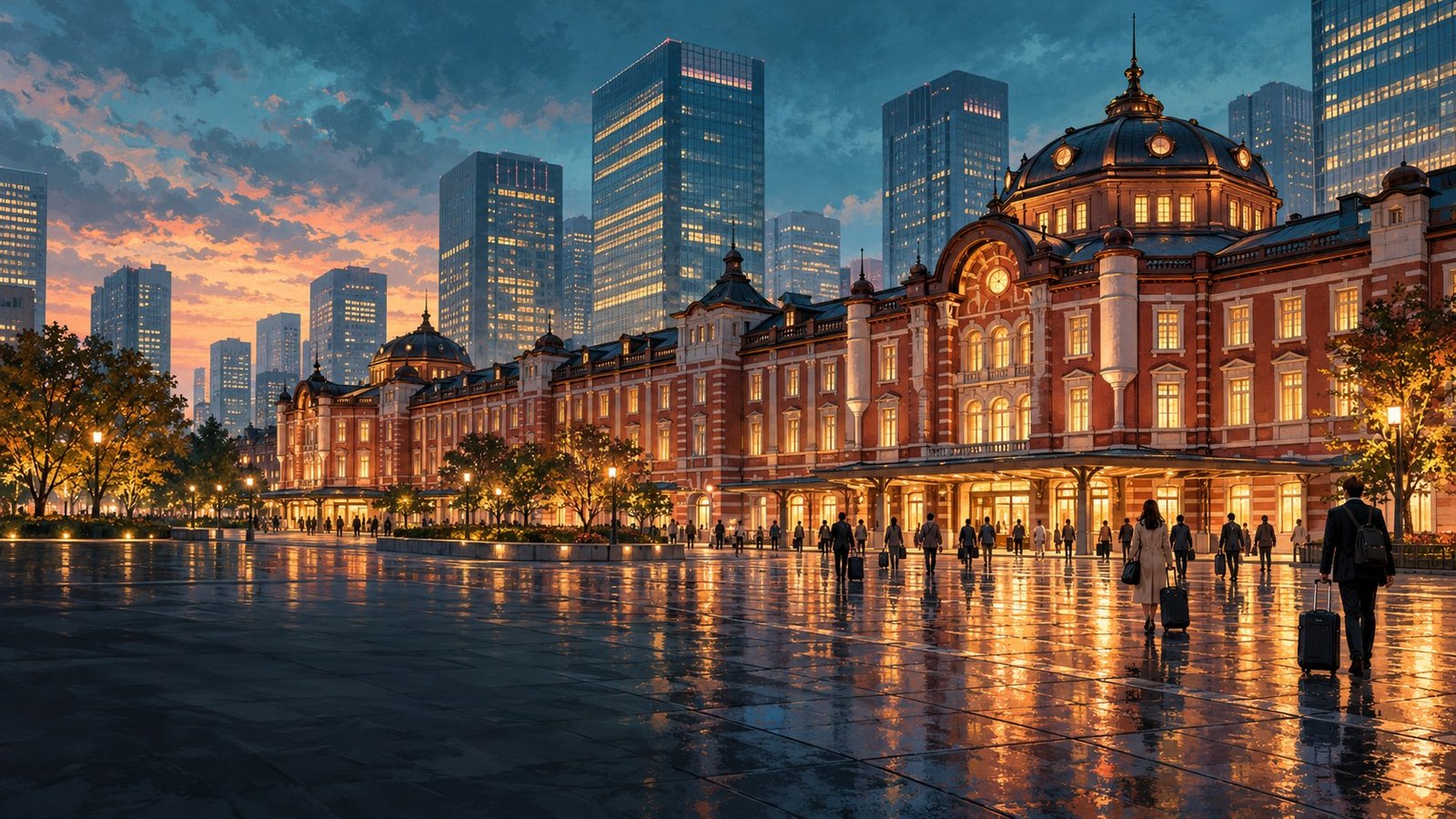 Illustration of Tokyo Station’s red-brick Marunouchi frontage beside modern city buildings, introducing a hotel-location guide.