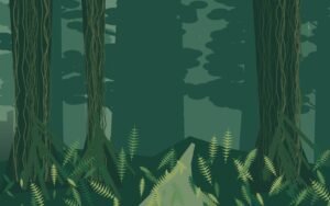Original layered illustration of a deep green cedar forest with moss, ferns and large roots