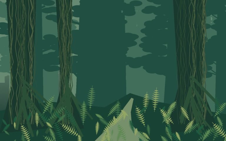 Original layered illustration of a deep green cedar forest with moss, ferns and large roots