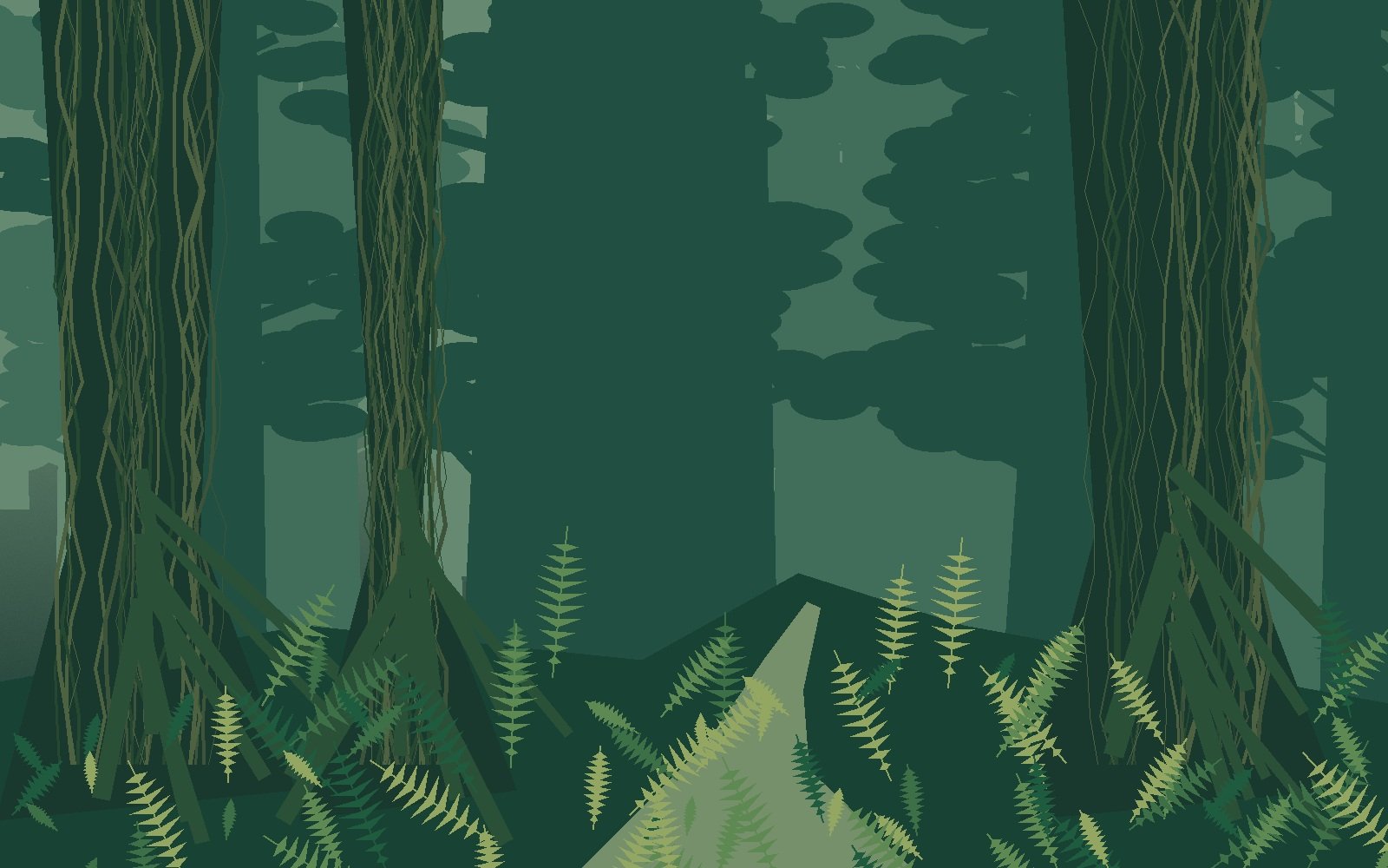 Original layered illustration of a deep green cedar forest with moss, ferns and large roots