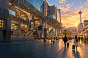 Illustration of a modern glass-and-steel station forecourt with travellers, wheeled bags and a tower-inspired silhouette in warm evening light.