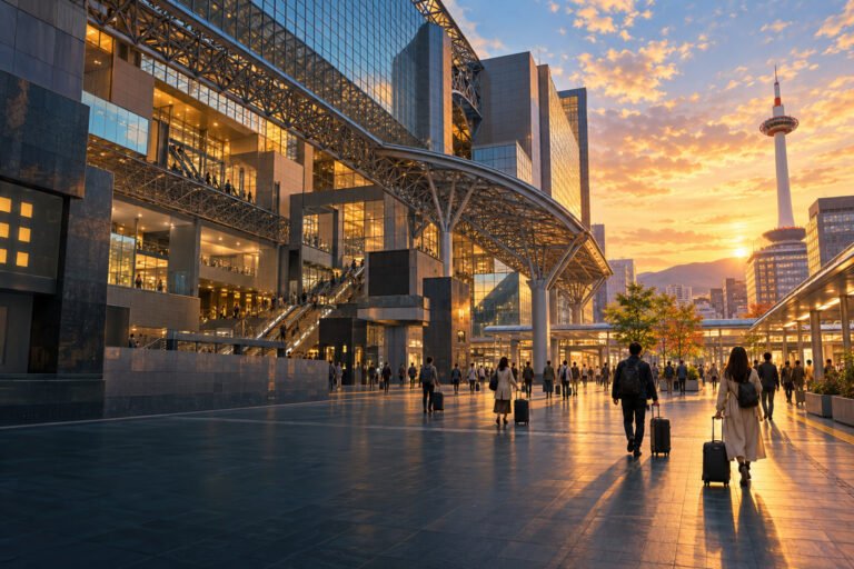 Illustration of a modern glass-and-steel station forecourt with travellers, wheeled bags and a tower-inspired silhouette in warm evening light.