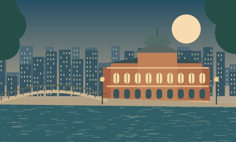 Original stylised Osaka riverside scene with a bridge, red-brick civic architecture and a modern skyline