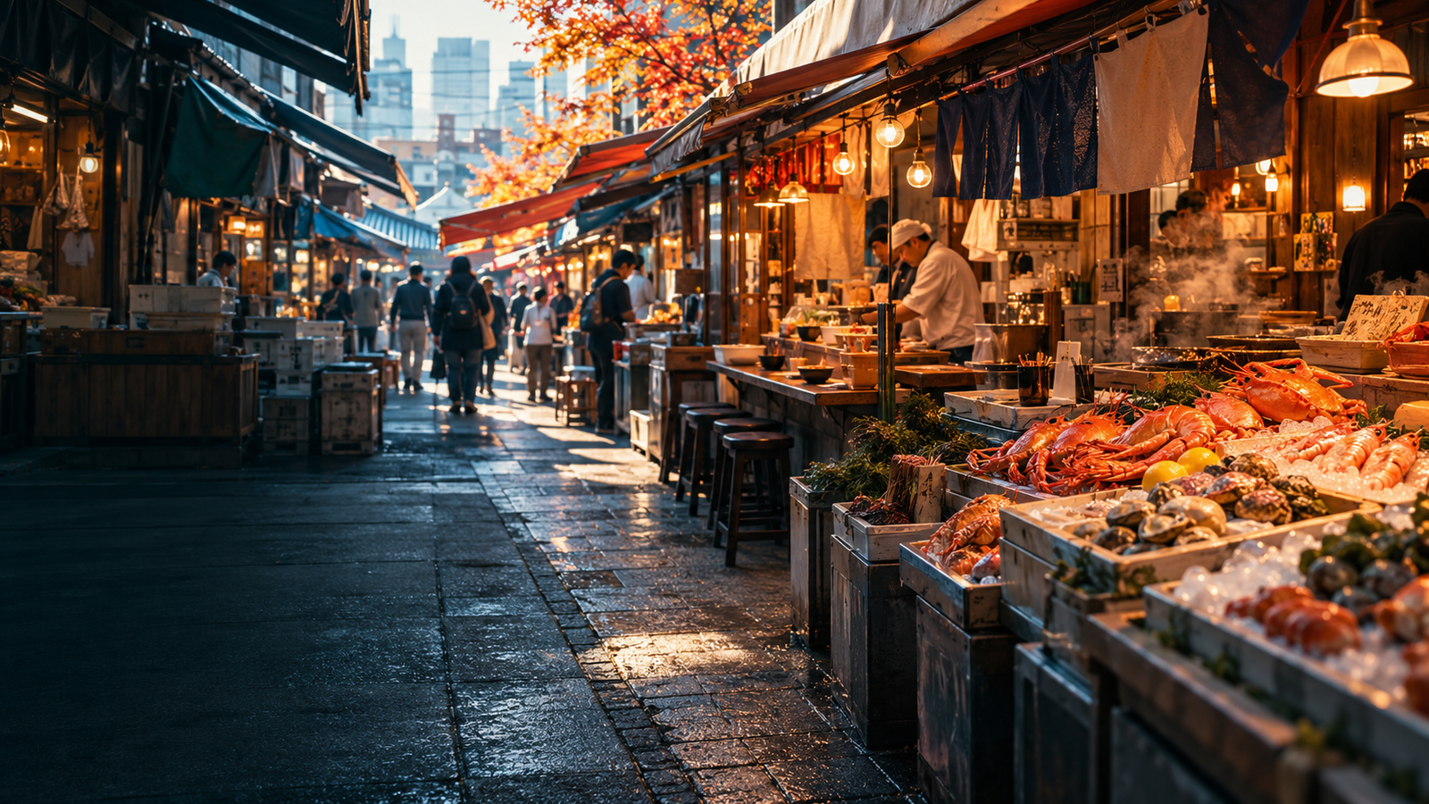 Tokyo-inspired illustration of a narrow market lane with seafood displays, cooks and warmly lit shopfronts.