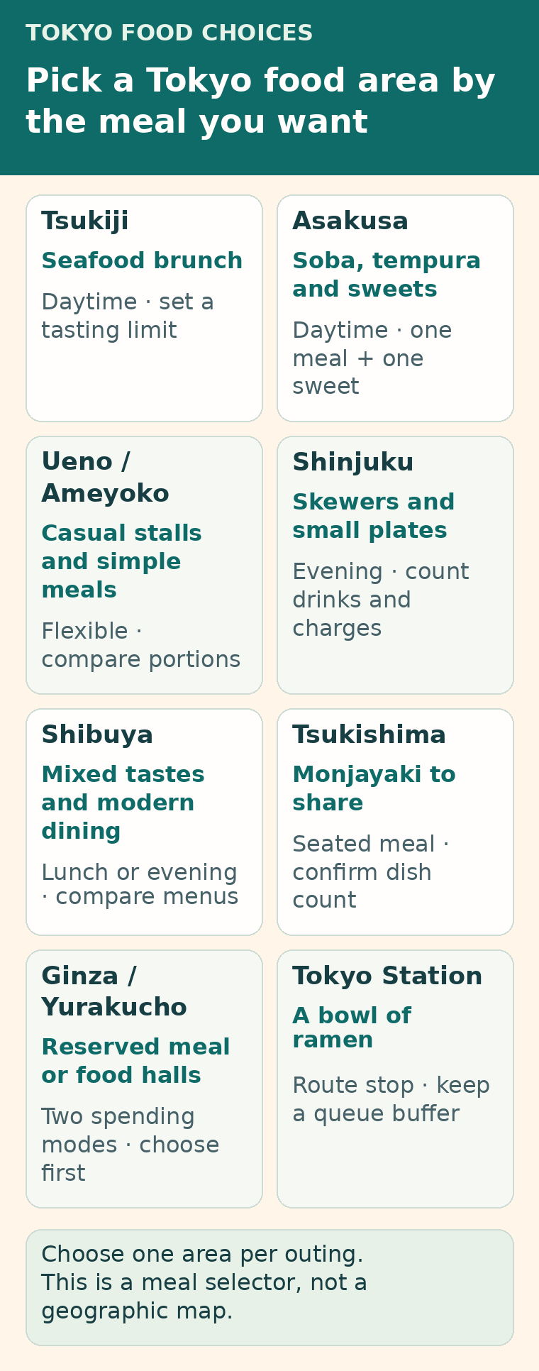 Eight Tokyo food areas matched to a meal: Tsukiji seafood; Asakusa noodles and sweets; Ueno casual meals; Shinjuku skewers; Shibuya mixed tastes; Tsukishima monjayaki; Ginza reserved meals or food halls; Tokyo Station ramen.