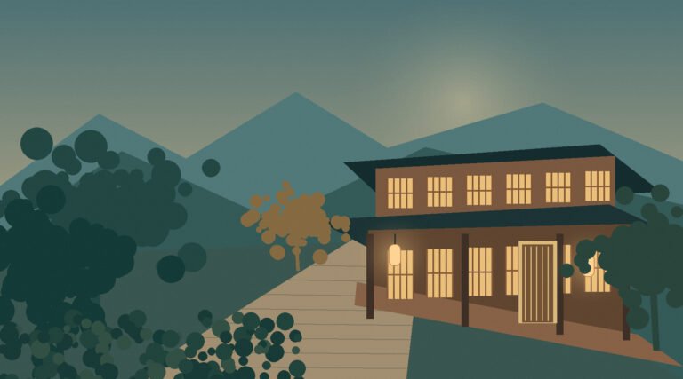 Original illustration of a warmly lit, imagined Japanese inn beside a garden path and layered hills.