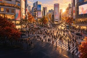 AI-created illustration inspired by Shibuya's diagonal pedestrian crossings, commercial buildings and late-afternoon light.