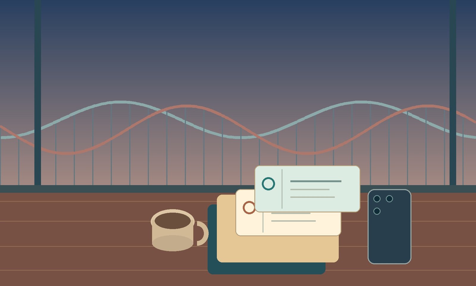 Original stylised scene of blank tickets, a notebook and a phone beside a window overlooking abstract roller-coaster shapes