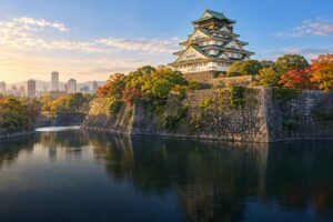 Osaka Castle’s white main tower and green roofs above a stone-lined moat and autumn parkland.